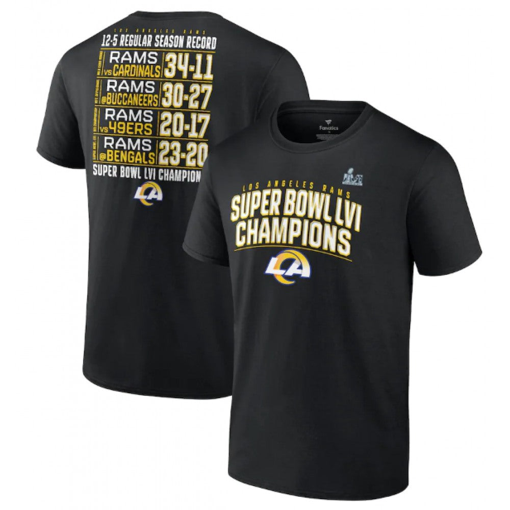 Men's Los Angeles Rams 2022 Black Super Bowl LVI Champions Schedule T-Shirt 