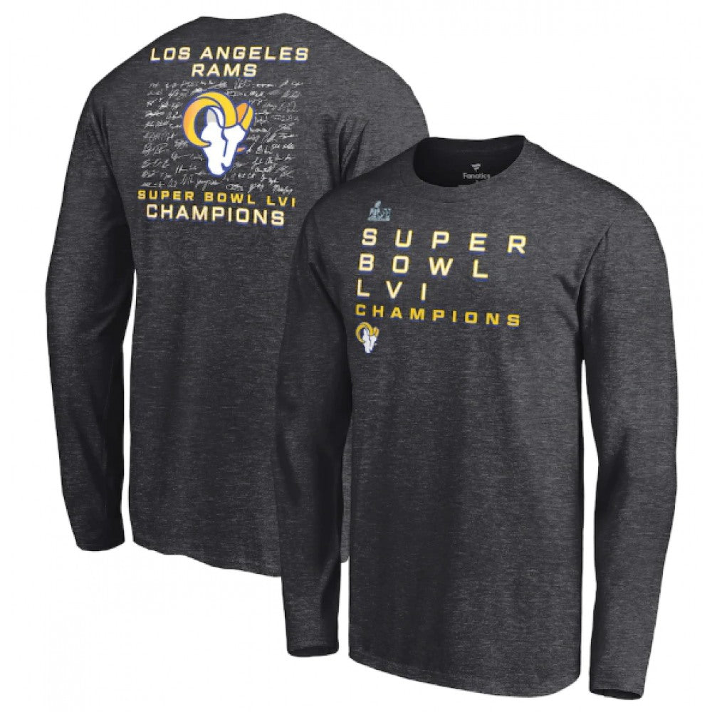Men's Los Angeles Rams 2022 Heathered Charcoal Super Bowl LVI Champions Roster Signature Long Sleeve T-Shirt 