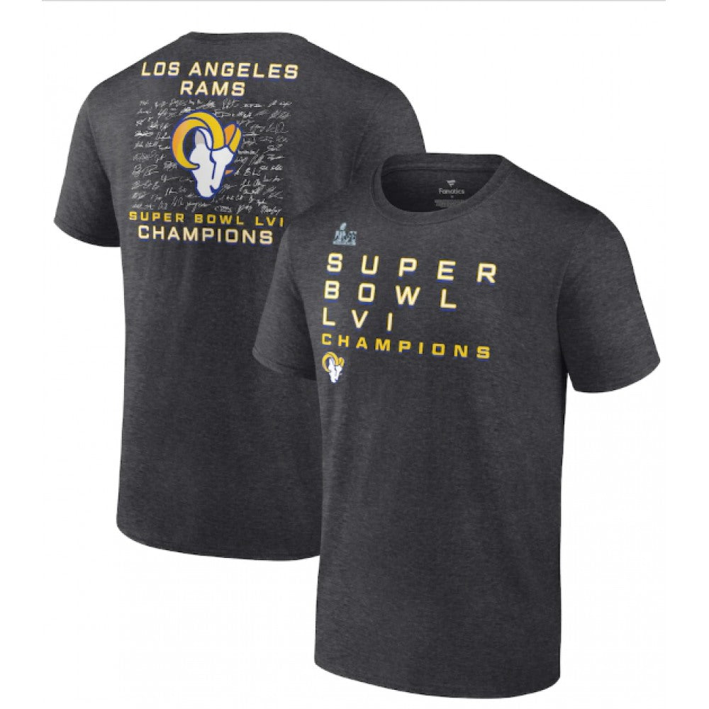 Men's Los Angeles Rams 2022 Heathered Charcoal Super Bowl LVI Champions Roster Signature T-Shirt 