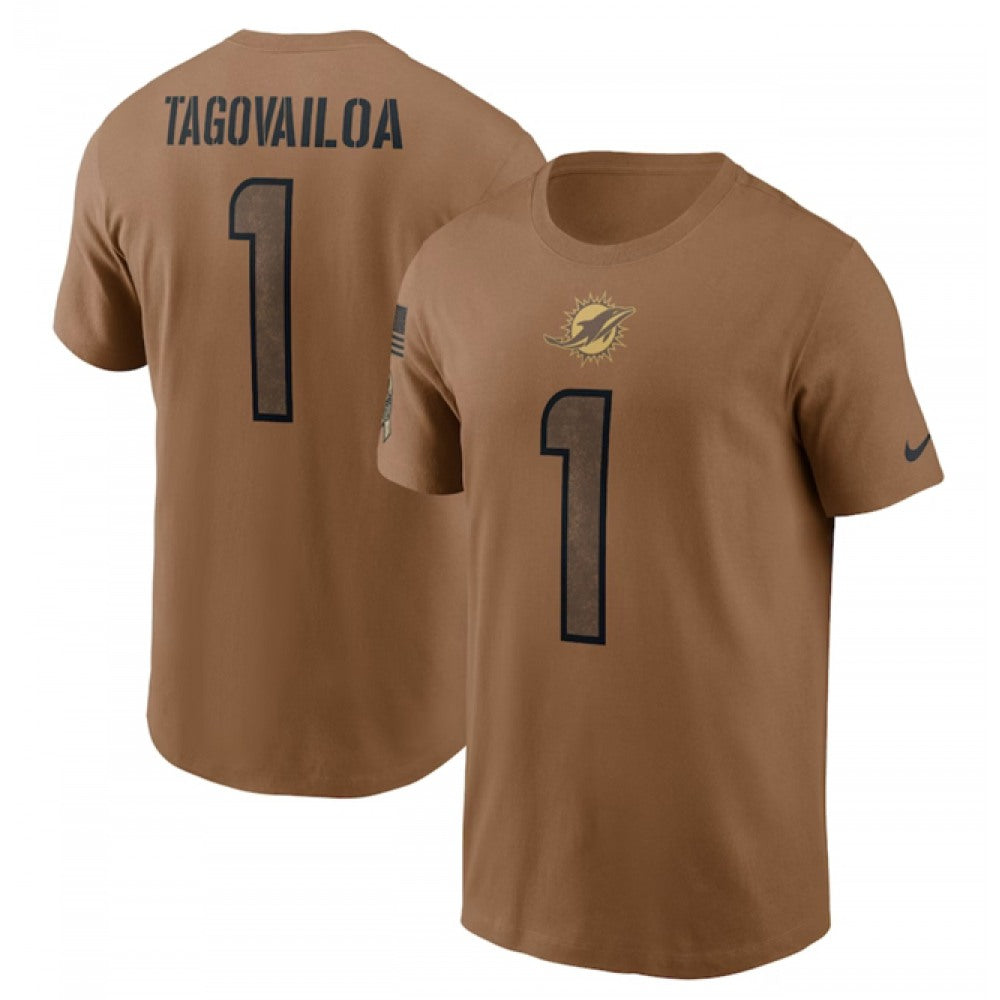 Men's Miami Dolphins #1 Tua Tagovailoa 2023 Brown Salute To Service Name & Number T-Shirt 