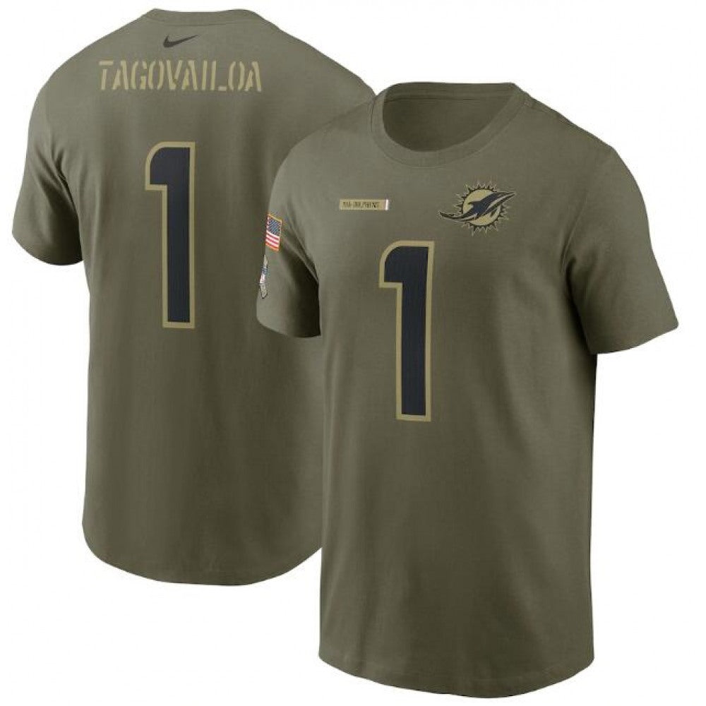 Men's Miami Dolphins #1 Tua Tagovailoa 2021 Olive Salute To Service Legend Performance T-Shirt 