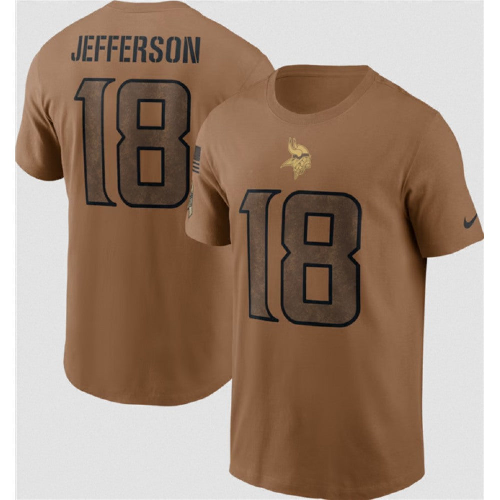 Men's Minnesota Vikings #18 Justin Jefferson 2023 Brown Salute To Service Name & Number T-Shirt 
