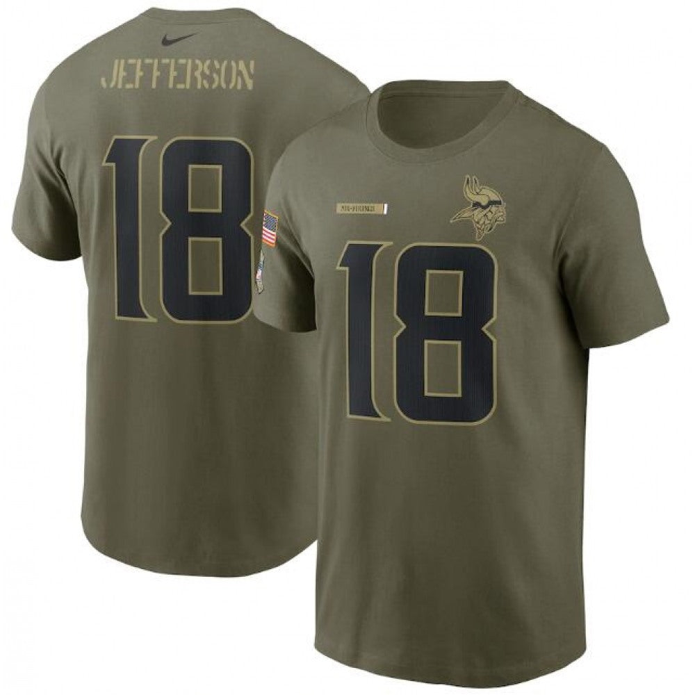 Men's Minnesota Vikings #18 Justin Jefferson 2021 Olive Salute To Service Legend Performance T-Shirt 