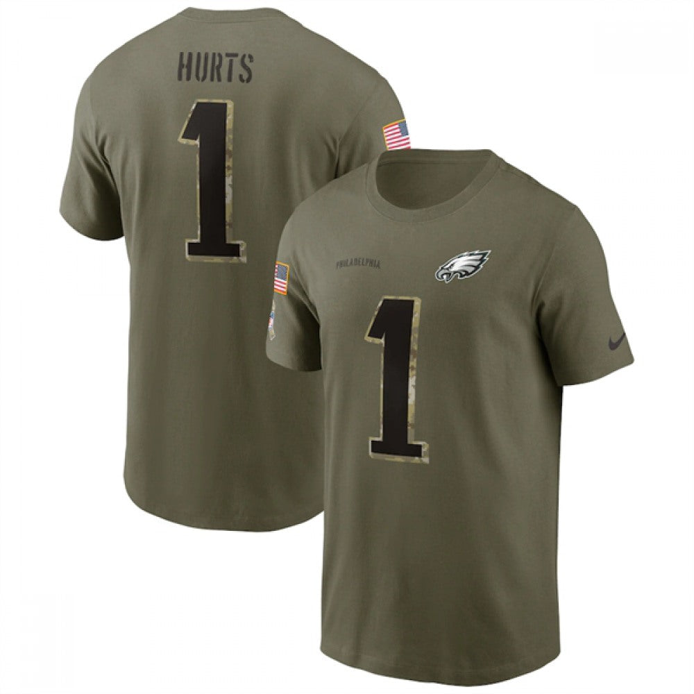Men's Philadelphia Eagles #1 Jalen Hurts 2022 Olive Salute to Service T-Shirt 
