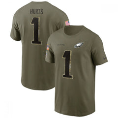 Men's Philadelphia Eagles #1 Jalen Hurts 2022 Olive Salute to Service T-Shirt 