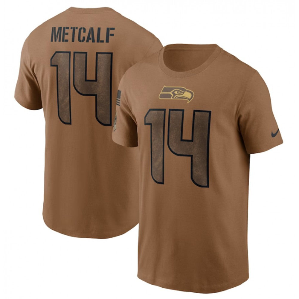Men's Seattle Seahawks 14 DK Metcalf 2023 Brown Salute To Service Name & Number T-Shirt 