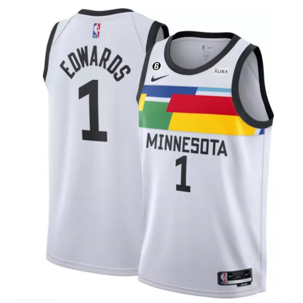 Men's Minnesota Timberwolves #1 Anthony Edwards White 2022/23 City Edition With NO.6 Patch  Stitched Jersey