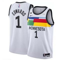 Men's Minnesota Timberwolves #1 Anthony Edwards White 2022/23 City Edition With NO.6 Patch  Stitched Jersey