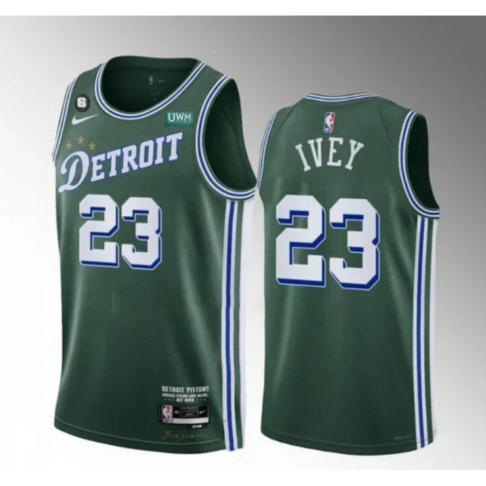 Men's Detroit Pistons #23 Jaden Ivey Green 2022/23 City Edition With NO.6 Patch Stitched Jersey