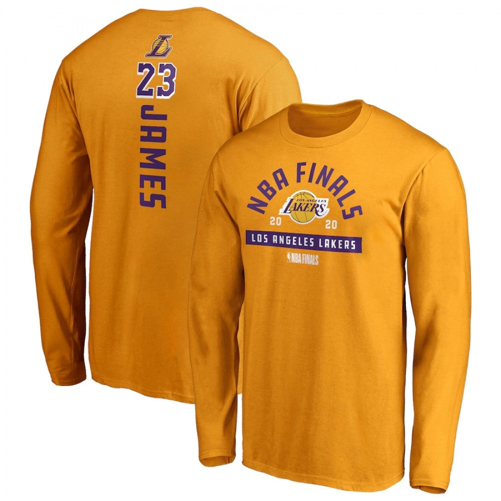 Men's Los Angeles Lakers #23 LeBron James 2020 Gold Finals Bound Name & Number Long Sleeve T-Shirt