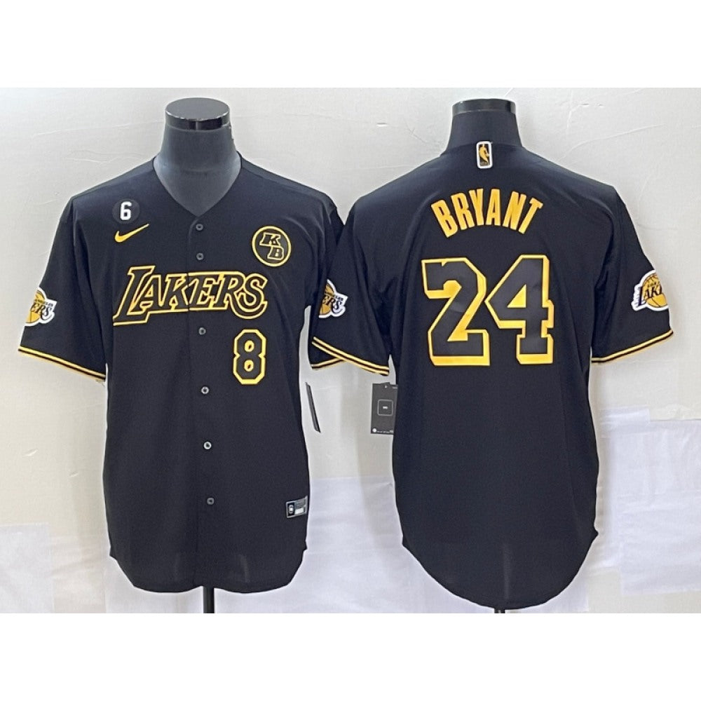 Men's Los Angeles Lakers Front #8 Back #24 Kobe Bryant With NO.6 And KB Patch Black  Cool Base Stitched Baseball Jersey