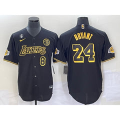Men's Los Angeles Lakers Front #8 Back #24 Kobe Bryant With NO.6 And KB Patch Black  Cool Base Stitched Baseball Jersey