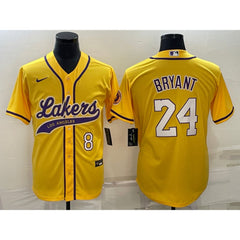 Men's Los Angeles Lakers Front #8 Back #24 Kobe Bryant Yellow Cool Base Stitched Baseball Jersey