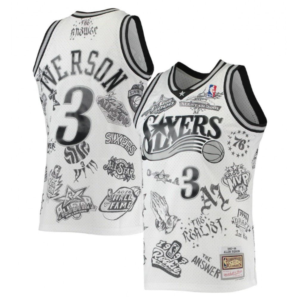 Men's Philadelphia 76ers #3 Allen Iverson Mitchell & Ness White 1997-98 Hardwood Classics Tattoo Swingman Stitched Basketball Jersey