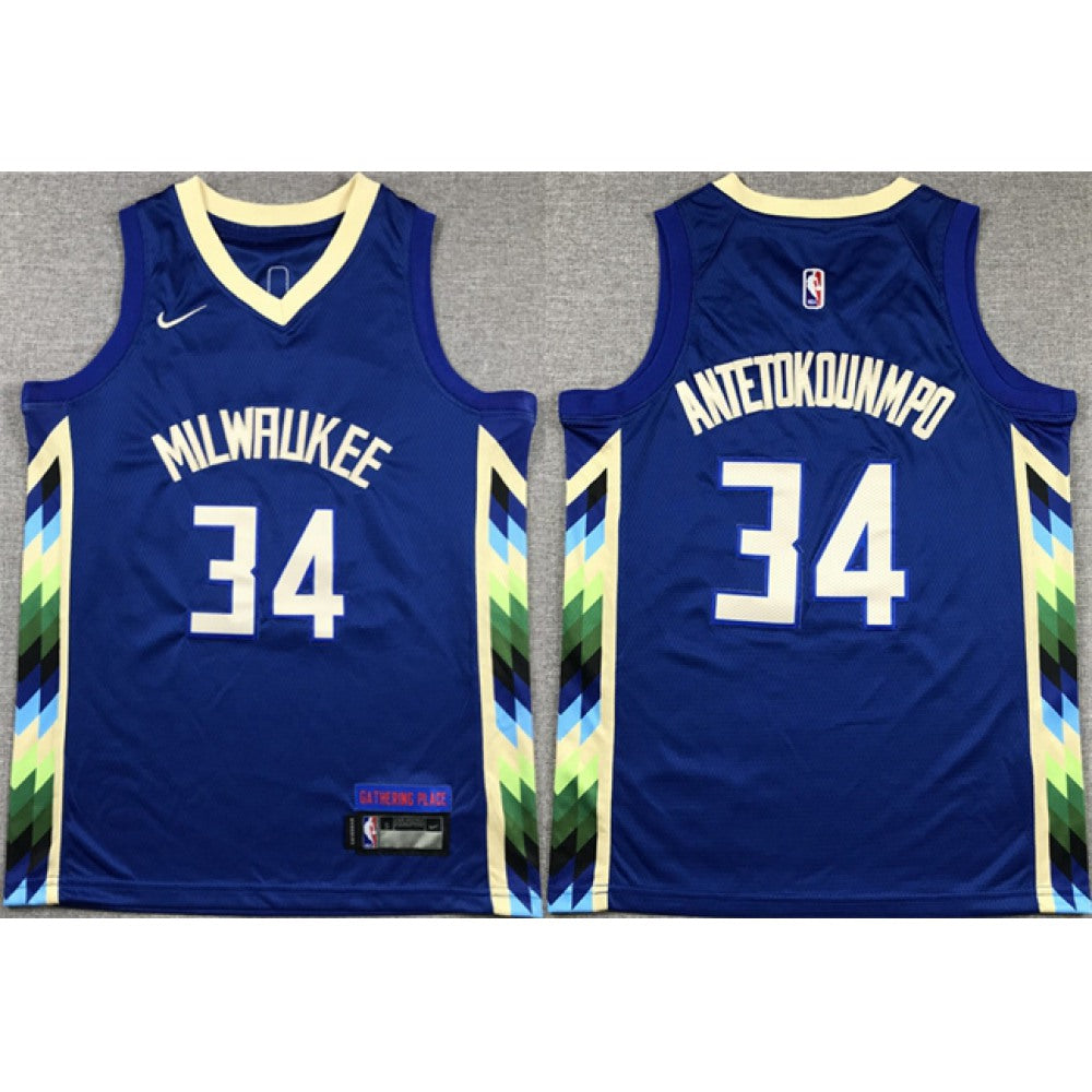 Youth Milwaukee Bucks #34 Giannis Antetokounmpo Blue City Edition Stitched Basketball Jersey