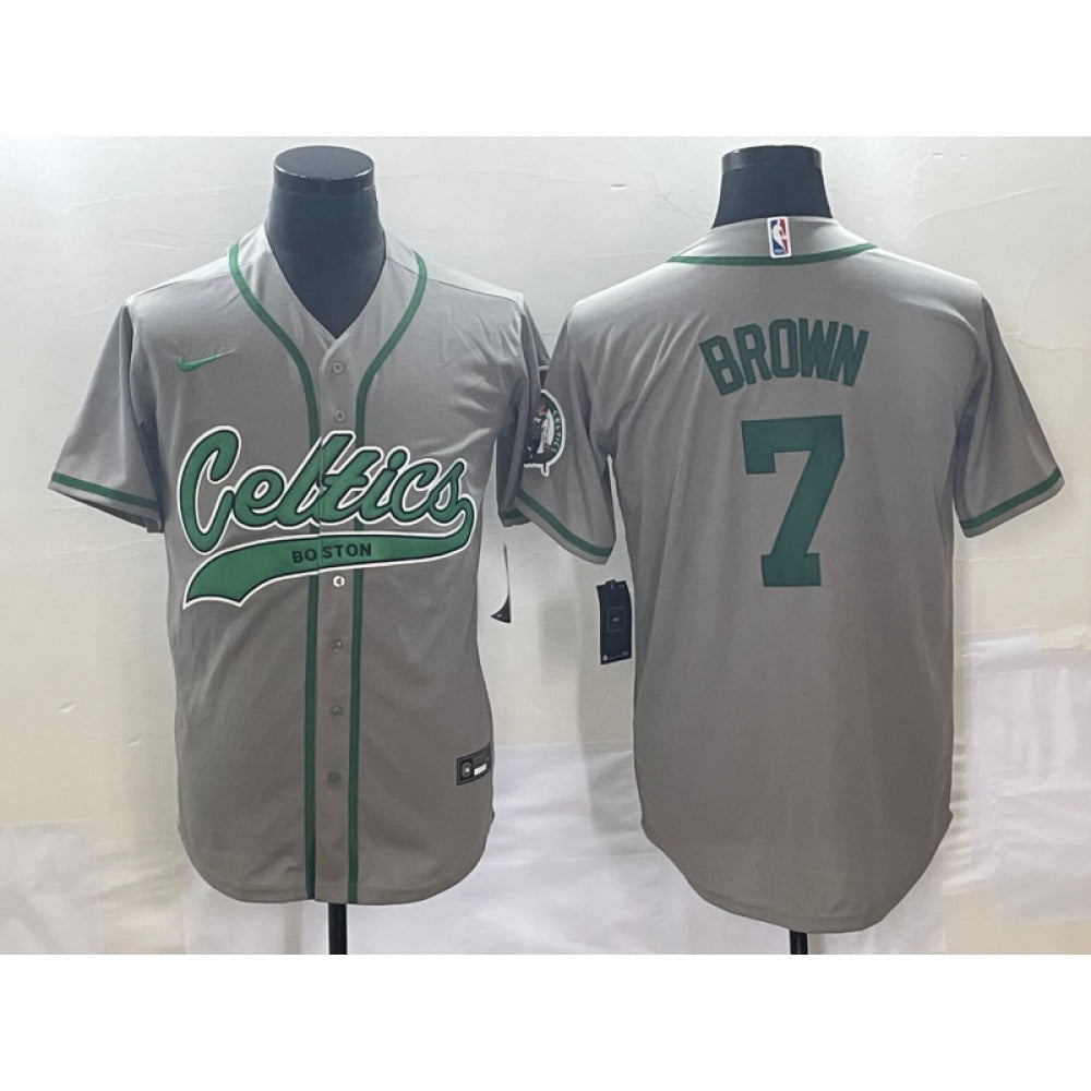 Men's Boston Celtics #7 Jaylen Brown Gray Stitched Baseball Jersey