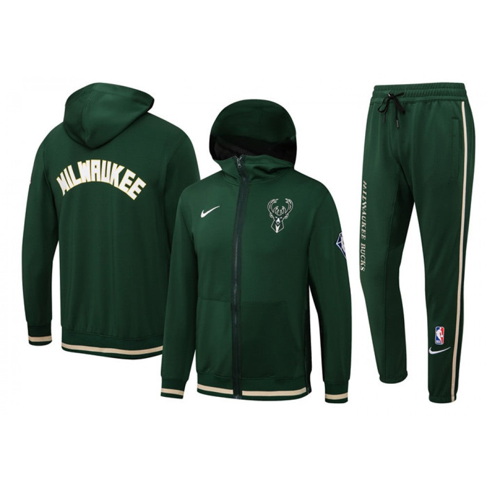 Men's Milwaukee Bucks 75th Anniversary Green Performance Showtime Full-Zip Hoodie Jacket And Pants   Suit