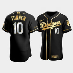 Men's Los Angeles Dodgers #10 Justin Turner Black/Gold Flex Base Stitched Baseball Jersey