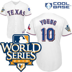 Rangers #10 Michael Young White Cool Base w/2010 World Series Patch Stitched MLB Jersey