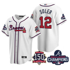 Men's Atlanta Braves #12 Jorge Soler 2021 White World Series Champions With 150th Anniversary Patch Cool Base Stitched Jersey