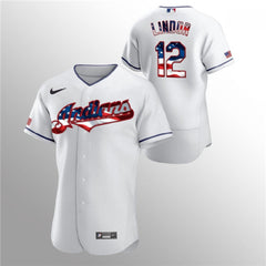 Men's Cleveland indians #12 Francisco Lindor White 2020 Stars & Stripes Flex Base Stitched Jersey