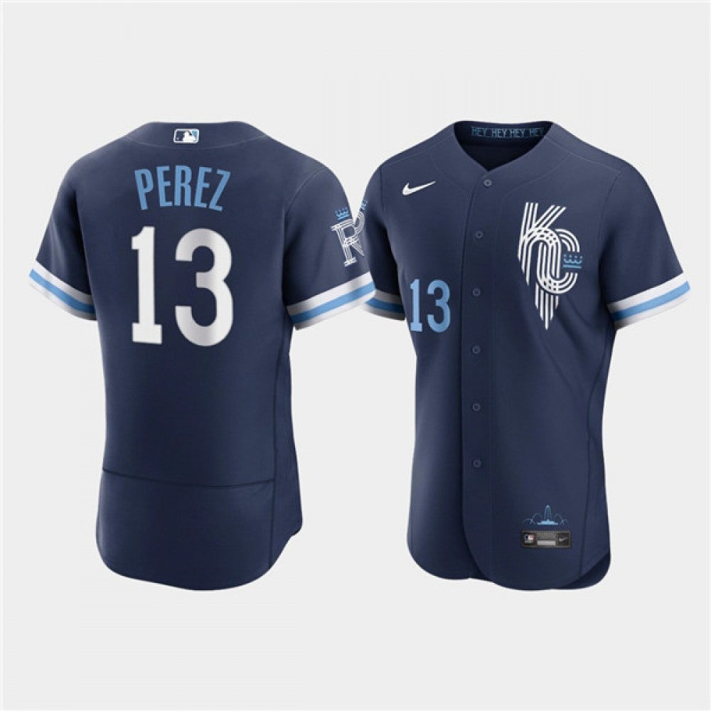 Men's Kansas City Royals #13 Salvador Perez 2022 Navy City Connect Flex Base Stitched MLB Jersey