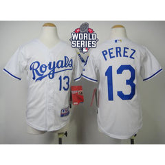 Royals #13 Salvador Perez White Cool Base W/2015 World Series Patch Stitched Youth MLB Jersey