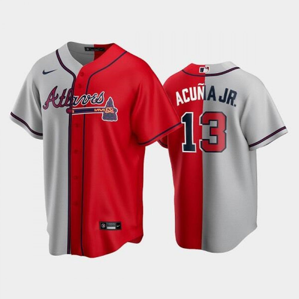 Men's Atlanta Braves #13 Ronald Acuna Jr. Gray/Red Split Cool Base Stitched Baseball Jersey