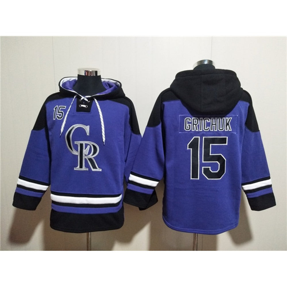 Men's Colorado Rockies #15 Randal Grichuk Purple Ageless Must-Have Lace-Up Pullover Hoodie