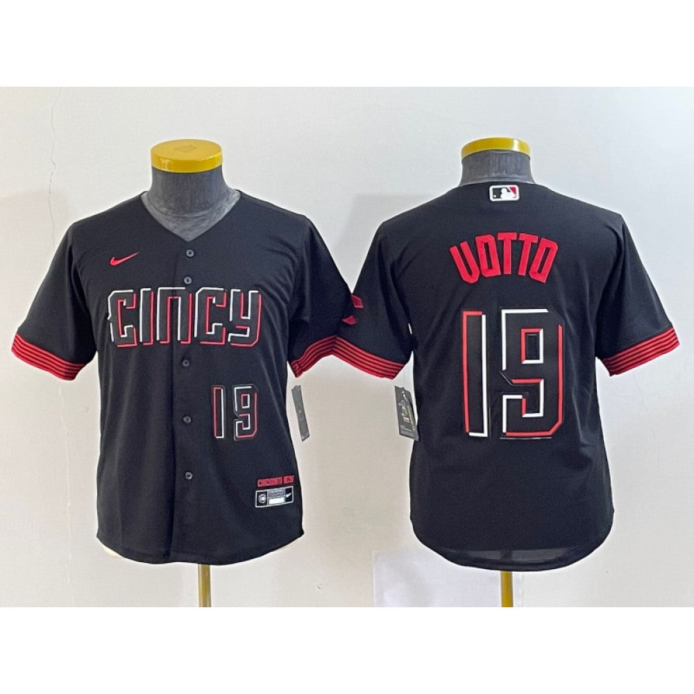 Youth Cincinnati Reds #19 Joey Votto Black 2023 City Connect With Patch Stitched Baseball Jersey