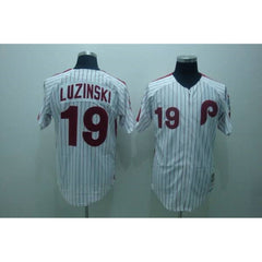 Mitchell and Ness Phillies #19 Greg Luzinski Stitched White Red Strip Throwback MLB Jersey