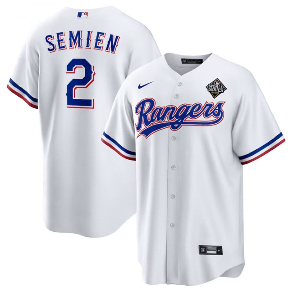 Men's Texas Rangers #2 Marcus Semien 2023 White World Series Stitched Baseball Jersey