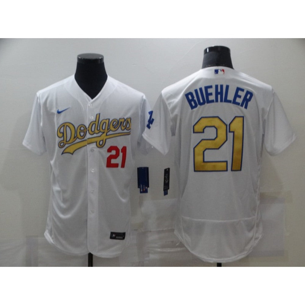 Men's Los Angeles Dodgers #21 Walker Buehler 2021 White Gold Sttiched Jersey