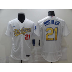 Men's Los Angeles Dodgers #21 Walker Buehler 2021 White Gold Sttiched Jersey
