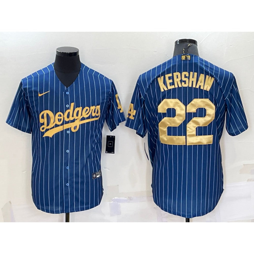 Men's Los Angeles Dodgers #22 Clayton Kershaw Navy Gold Cool Base Stitched Baseball Jersey