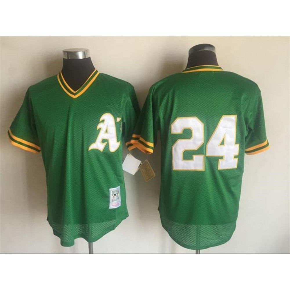 Men's Oakland Athletics #24 Rickey Henderson Mitchell And Ness Green 1991 Throwback Stitched MLB Jersey