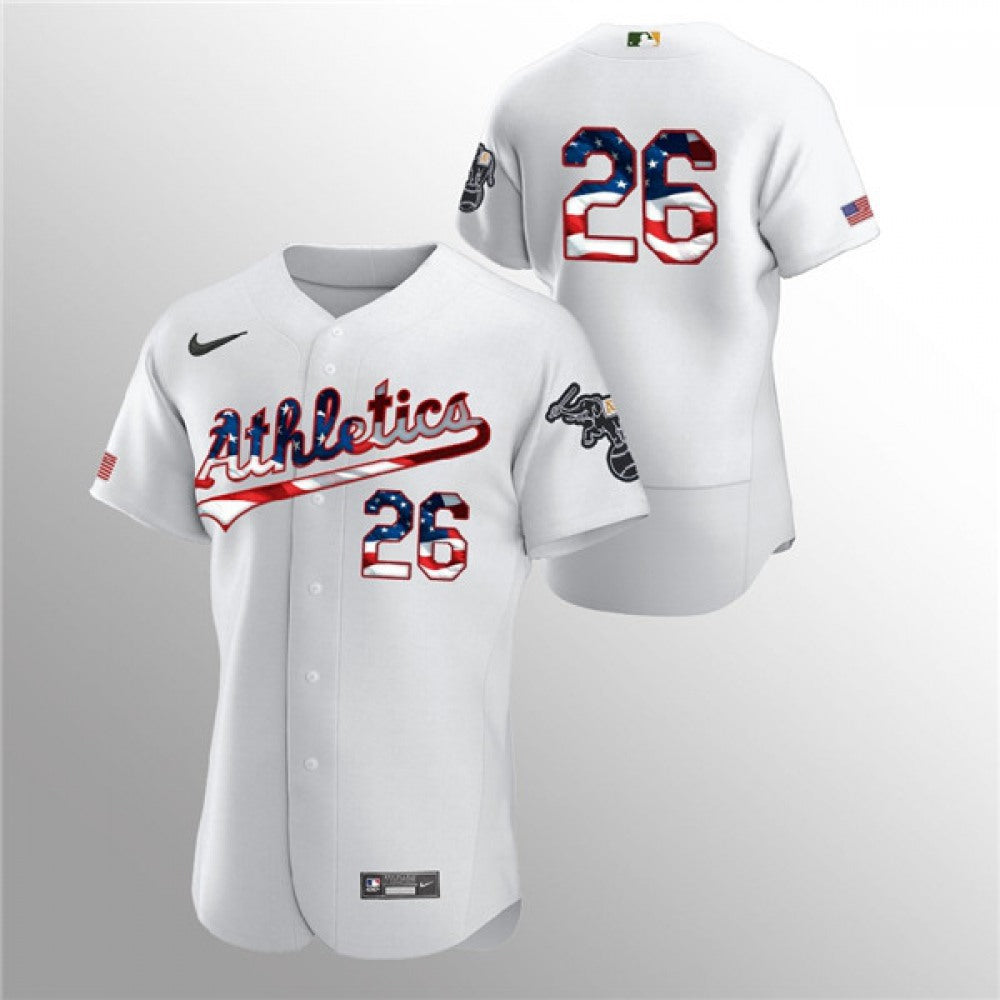 Men's Oakland Athletics #26 Matt Chapman White 2020 Stars & Stripes Flex Base Stitched Jersey