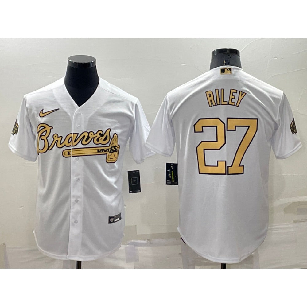 Men's Atlanta Braves #27 Austin Riley 2022 All-Star White Cool Base Stitched Baseball Jersey
