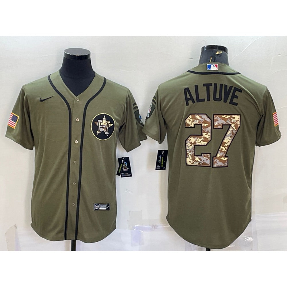 Men's Houston Astros #27 Jose Altuve Olive Salute To Service Cool Base Stitched Jersey
