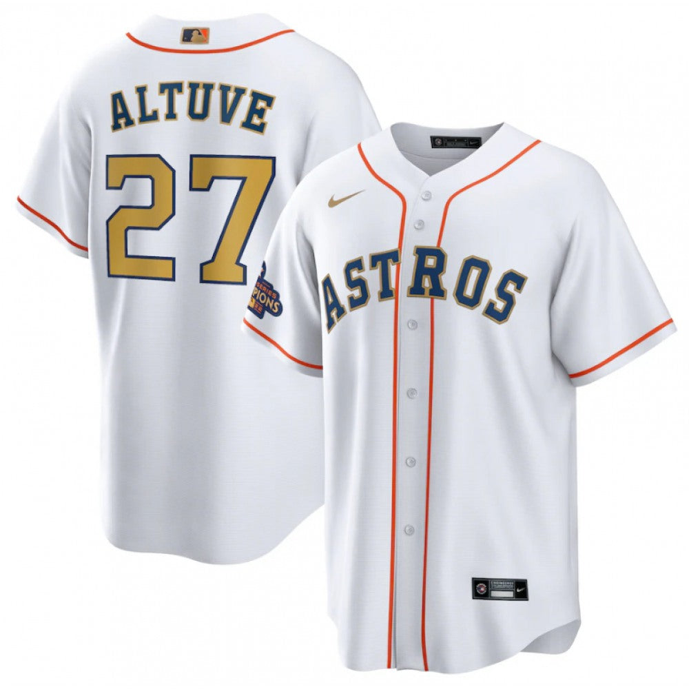 Men's Houston Astros #27 Jose Altuve White 2023 Gold Collection With World Serise Champions Patch Cool Base Stitched Baseball Jersey