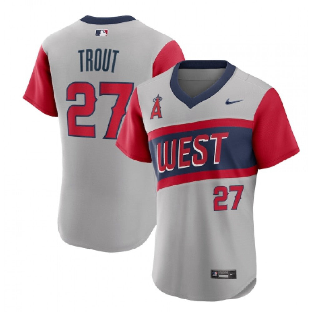 Men's Los Angeles Angels #27 Mike Trout 2021 Grey Little League Classic Road Flex Base Stitched MLB Jersey