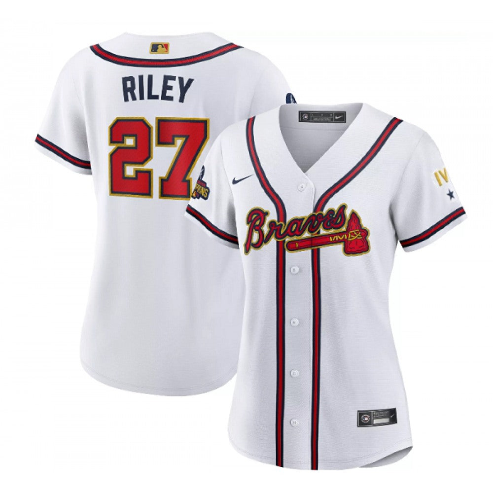 Women's Atlanta Braves #27 Austin Riley 2022 White/Gold World Series Champions Program Stitched Jersey(Run Small)