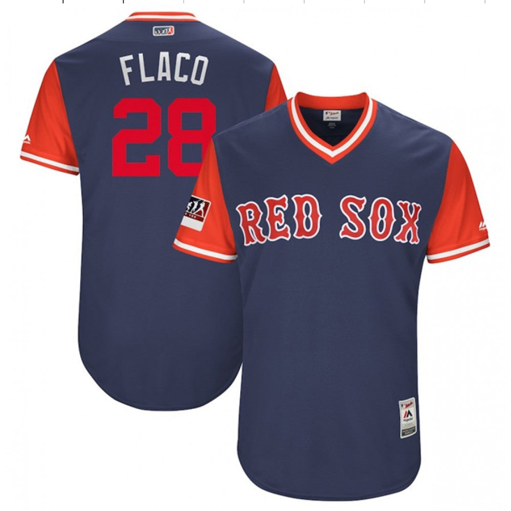 Men's Boston Red Sox #28 JD Martinez "Flaco" Majestic Navy/Red 2018 Players' Weekend Authentic Stitched MLB Jersey