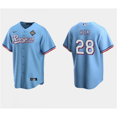 Men's Texas Rangers #28 Jonah Heim Blue 2023 World Series Stitched Baseball Jersey