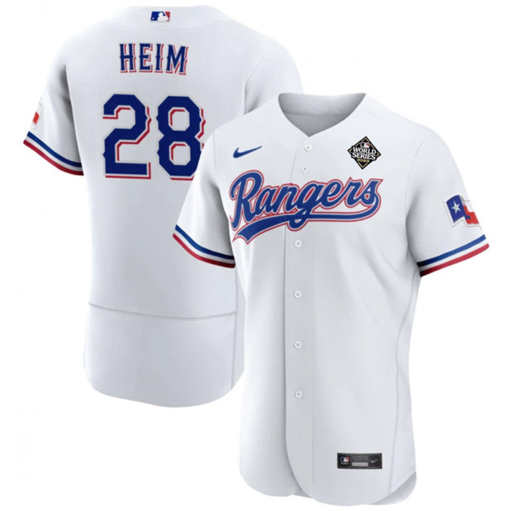 Men's Texas Rangers #28 Jonah Heim White 2023 World Series Flex Base Stitched Baseball Jersey