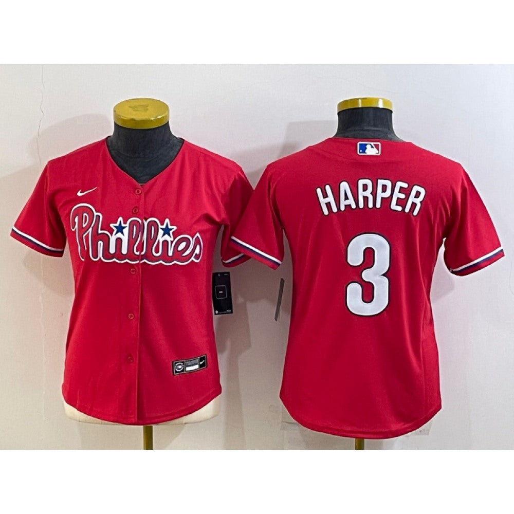Women's Philadelphia Phillies #3 Bryce Harper Red Stitched Baseball Jersey(Run Small)