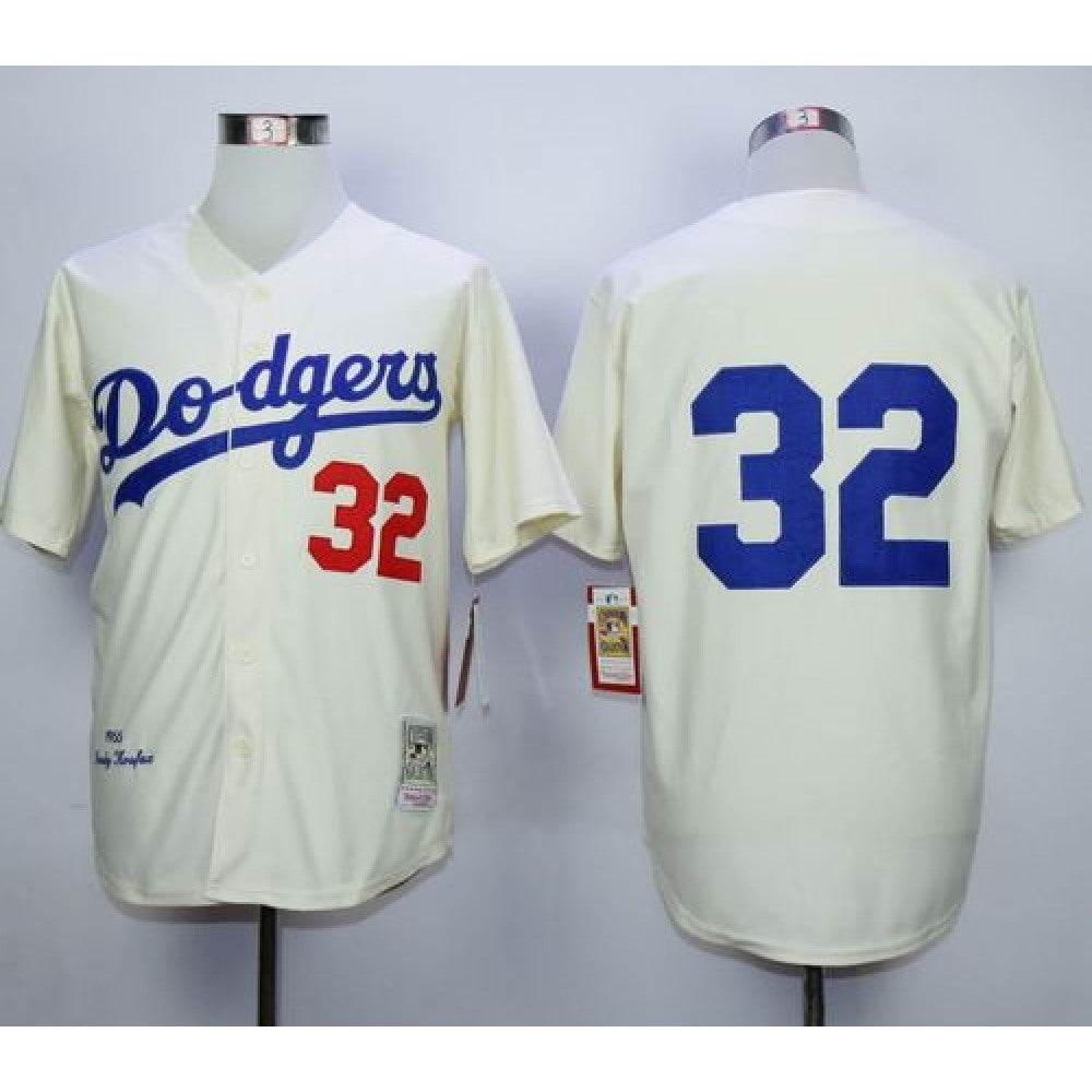 Mitchell and Ness Dodgers #32 Sandy Koufax Cream Throwback MLB Jersey