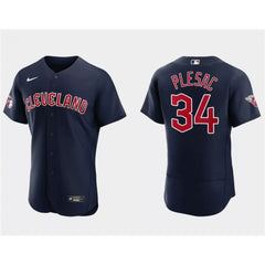 Men's Cleveland Guardians #34 Zach Plesac Navy Flex Base Stitched Jersey