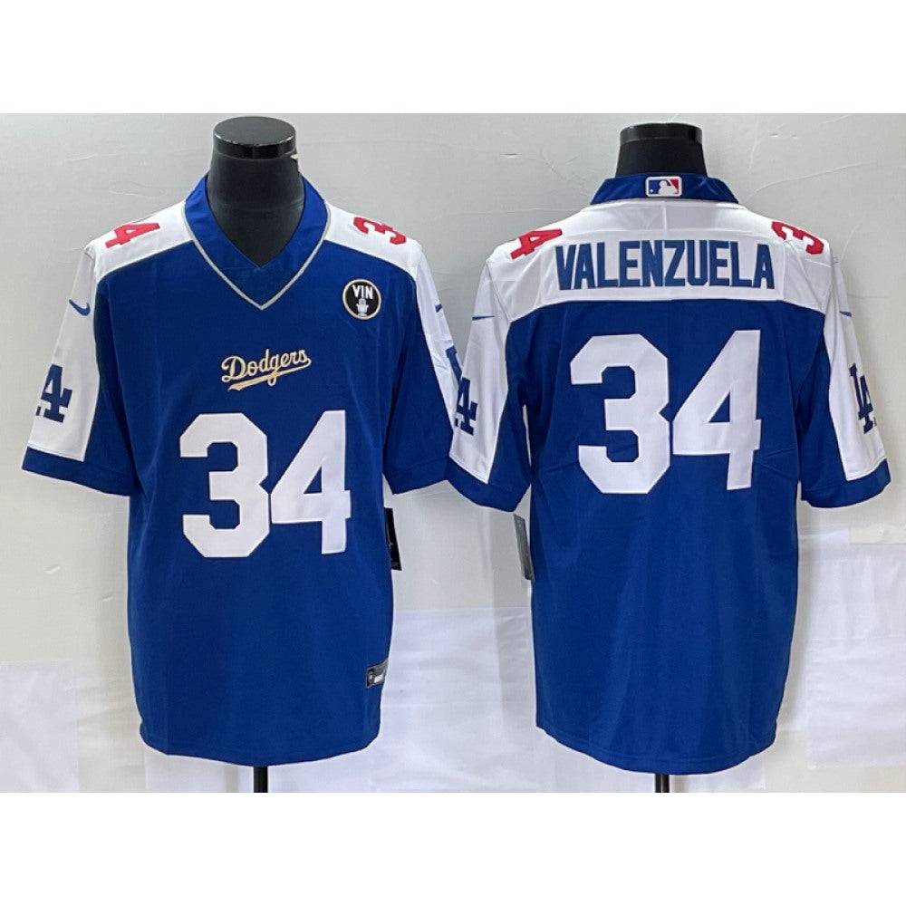 Men's Los Angeles Dodgers #34 Toro Valenzuela Blue Vin Scully Patch Stitched Jersey