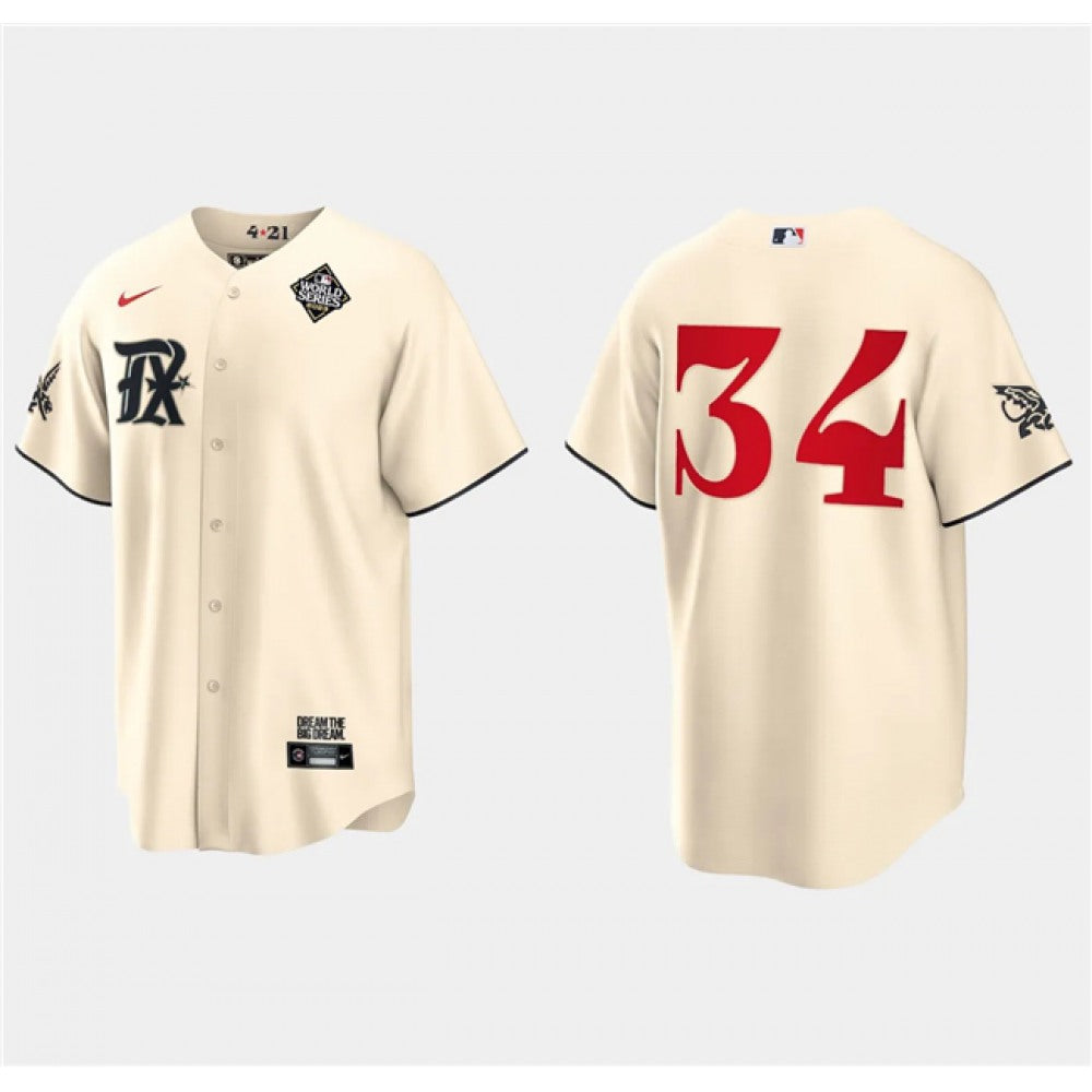 Men's Texas Rangers #34 Nolan Ryan Cream 2023 World Series City Connect Stitched Baseball Jersey
